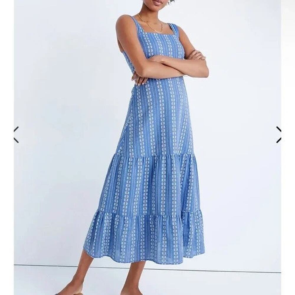 Madewell Embroidered Buttonback Tiered Midi Flowy Tank Sundress - 12 Blue - Picture 2 of 4
